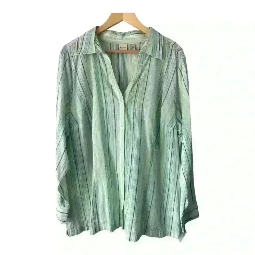 NWT Merona Women's Long Sleeve Button Up Multicolor Striped‎ Cotton Top Size 22W